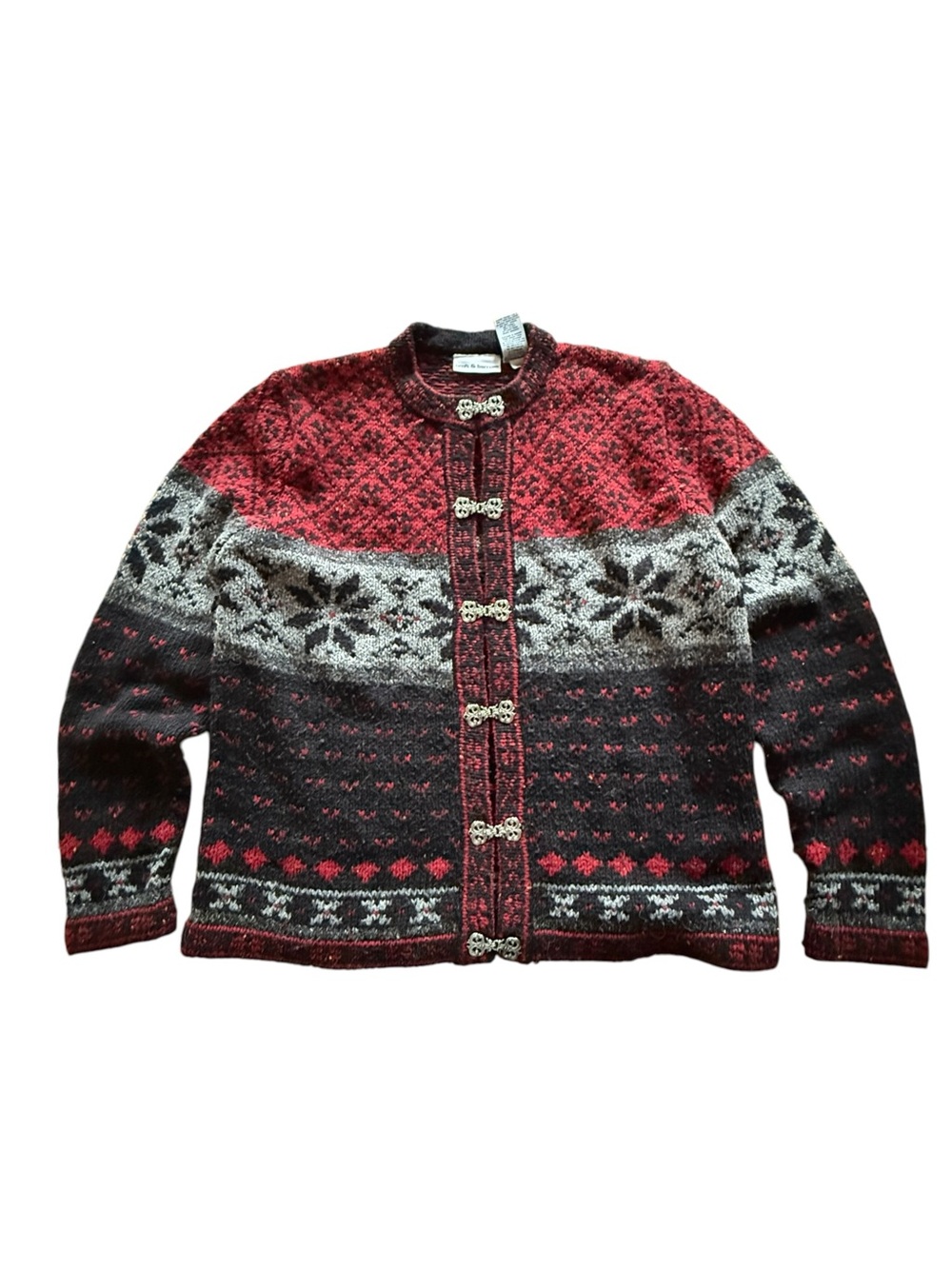 Vintage Croft & Barrow Red Black Nordic-Style Fair Isle Knit Cardigan Sweater La
